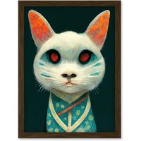 Artery8 Nihonga Kimono Cat Japan Illustration Artwork Framed Wall Art Print A4 in Brown
