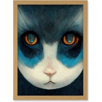 Artery8 Nihonga Style Japan Cat Blue Artwork Framed Wall Art Print A4 in Light Oak