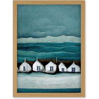 Artery8 Row Of White Fisherman Cottages Isle Of Jura Artwork Framed Wall Art Print A4 in Light Oak