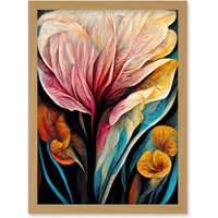 Artery8 Abstract Tropical Floral Bloom Acrylic Flower Artwork Framed Wall Art Print A4 in Light Oak