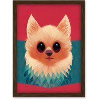 Artery8 Cute Geometric Pomeranian Dog Illustration Artwork Framed Wall Art Print A4 in Brown