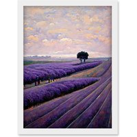 Artery8 Lone Tree In A Field Of Purple Lavender Flowers Artwork Framed Wall Art Print A4 in White