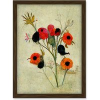 Artery8 Poppy Flowers Colourful Floral Abstract Artwork Framed Wall Art Print A4 in Brown