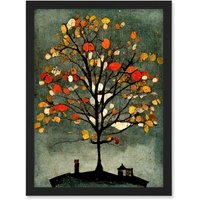 Artery8 Quirky Abstract Autumn Tree Artwork Framed Wall Art Print A4 in Black