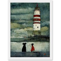 Artery8 Lighthouse Keeper's Dog Quirky Grunge Artwork Framed Wall Art Print A4 in White