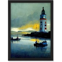 Artery8 Scottish Harbour Fishing Boats Lighthouse Modern Artwork Framed Wall Art Print A4 in Black