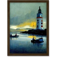 Artery8 Scottish Harbour Fishing Boats Lighthouse Modern Artwork Framed Wall Art Print A4 in Brown
