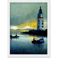 Artery8 Scottish Harbour Fishing Boats Lighthouse Modern Artwork Framed Wall Art Print A4 in White