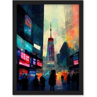 Artery8 Times Square New York Neon Street Artwork Framed Wall Art Print A4 in Black