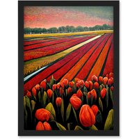 Artery8 Red Tulip Fields Of Holland Netherlands Modern Oil Artwork Framed Wall Art Print A4 in Black