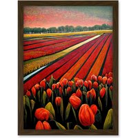 Artery8 Red Tulip Fields Of Holland Netherlands Modern Oil Artwork Framed Wall Art Print A4 in Brown