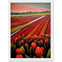 Artery8 Red Tulip Fields Of Holland Netherlands Modern Oil Artwork Framed Wall Art Print A4 in White