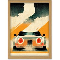 Artery8 Japan Sports Car Vintage Vector Yellow Silver Black Artwork Framed Wall Art Print A4 in Light Oak