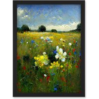 Artery8 Wildflower Summer Meadow Floral Landscape Oil Artwork Framed Wall Art Print A4 in Black