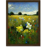 Artery8 Wildflower Summer Meadow Floral Landscape Oil Artwork Framed Wall Art Print A4 in Brown
