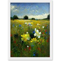 Artery8 Wildflower Summer Meadow Floral Landscape Oil Artwork Framed Wall Art Print A4 in White