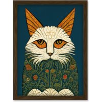 Artery8 Melancholy Moggie Cat Illustration William Morris Style Teal Gold Artwork Framed Wall Art Print A4 in Brown