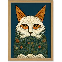 Artery8 Melancholy Moggie Cat Illustration William Morris Style Teal Gold Artwork Framed Wall Art Print A4 in Light Oak