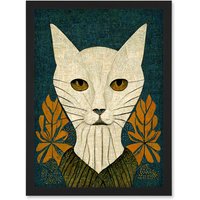 Artery8 Elegant Cat Illustration William Morris Style Teal Mustard Artwork Framed Wall Art Print A4 in Black
