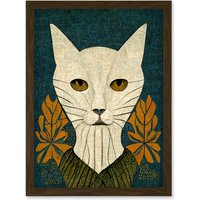 Artery8 Elegant Cat Illustration William Morris Style Teal Mustard Artwork Framed Wall Art Print A4 in Brown