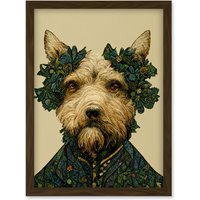 Artery8 Cute Fun Westie Dog Vintage William Morris Style Artwork Framed Wall Art Print A4 in Brown