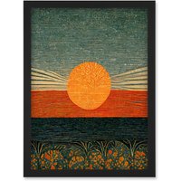 Artery8 William Morris Style Sunrise Over Sea Abstract Artwork Framed Wall Art Print A4 in Black