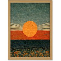 Artery8 William Morris Style Sunrise Over Sea Abstract Artwork Framed Wall Art Print A4 in Light Oak