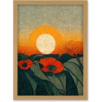 Artery8 Abstract Sunrise Over Poppy Meadow William Morris Style Artwork Framed Wall Art Print A4 in Light Oak