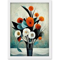 Artery8 Flowers Floral Display Bouquet Modern Abstract Teal Orange Artwork Framed Wall Art Print A4 in White