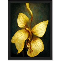 Artery8 Single Detailed Golden Yellow Orchid Flower Artwork Framed Wall Art Print A4 in Black
