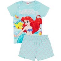 Disney Girl's Ariel, Flounder Little Mermaid Short Sleeve Short Leg Pyjama Set | Girls Blue AOP | Officially Licensed Merch | Size: 7-8 Years