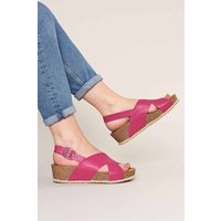 Moshulu Women's 'Harlyn' Leather Cross-Over Cork Wedge Sandals in Fuchsia | Size: 5