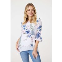 Floral 3 4 Flare Sleeve Curve Hem Top