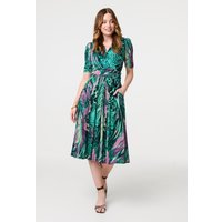 Izabel London Women's Feather Print 1/2 Sleeve Wrap Midi Dress in Green | Size: 8