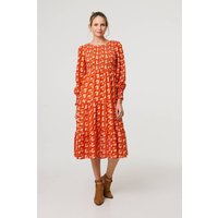 Printed Long Puff Sleeve Midi Smock Dress