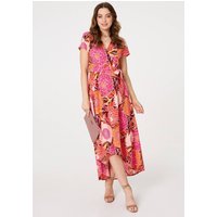 Izabel London Women's Floral Short Sleeve Tie Waist Midi Dress in Pink | Size: 10