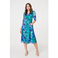 Printed Short Sleeve Pleated Wrap Midi Dress