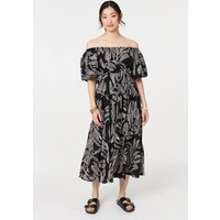 Izabel London Women's Leaf Print Puff 1/2 Sleeve Midi Dress in Black | Size: 14