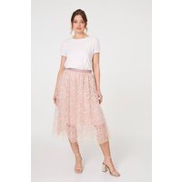Izabel London Floral Mesh Layered Midi Skirt in Pink