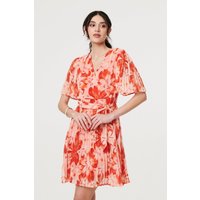 Izabel London Women's Floral Pleated Angel Sleeve Mini Dress in Orange | Size: 12