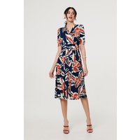 Floral V Neck Pleated Midi Wrap Dress