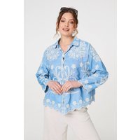 Embroidered Texture Scalloped Hem Shirt