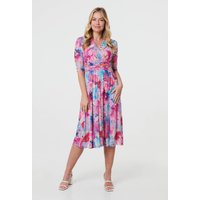 Abstract 3 4 Sleeve Midi Wrap Dress