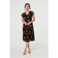 Floral Cap Sleeve Shirred Midi Dress