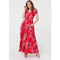 Izabel London Women's Floral Short Sleeve Shirred Maxi Dress in Red | Size: 14