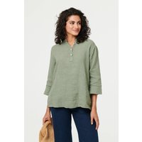 Relaxed 3 4 Sleeve Button Neck Blouse