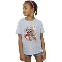 Disney Girl's Lilo & Stitch Ohana Orange Hibiscus Cotton T-Shirt in Grey | Size: 5-6 Years