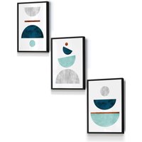 ARTZE Teal, Mint Green & Grey Abstract Mid Century Geometric Framed Wall Art - Small in Black | Size: W33 cm x H45 cm x D20mm