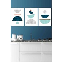 ARTZE Teal, Mint Green & Grey Abstract Mid Century Geometric Framed Wall Art - Medium in White | Size: W45 cm x H62 cm x D20mm