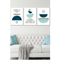 ARTZE Teal, Mint Green & Grey Abstract Mid Century Geometric Framed Wall Art - Large in White | Size: W53 cm x H73 cm x D20mm